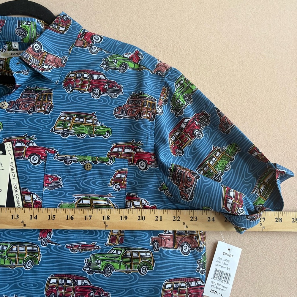 Campia Moda Men’s NEWShort Sleeve Button-Up Shirt Blue Retro Car Print Size L - Picture 13 of 14